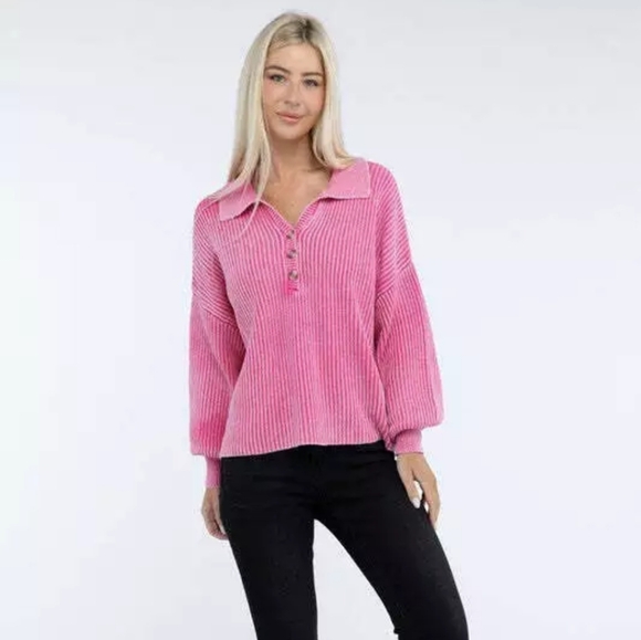 Zenana Washed Collared Henley - Picture 4 of 5